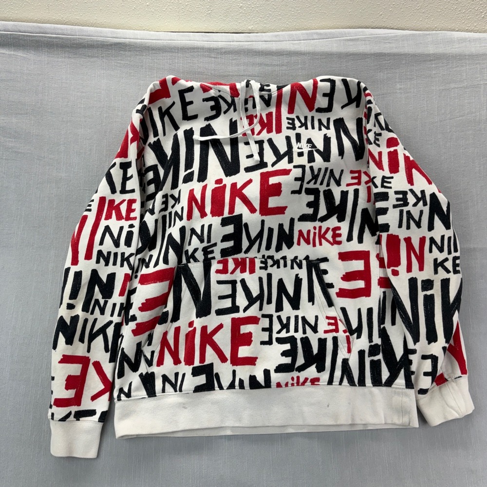 Nike Hoodie Mens Large All Over Logo Print White Black Red Pullover Graffiti